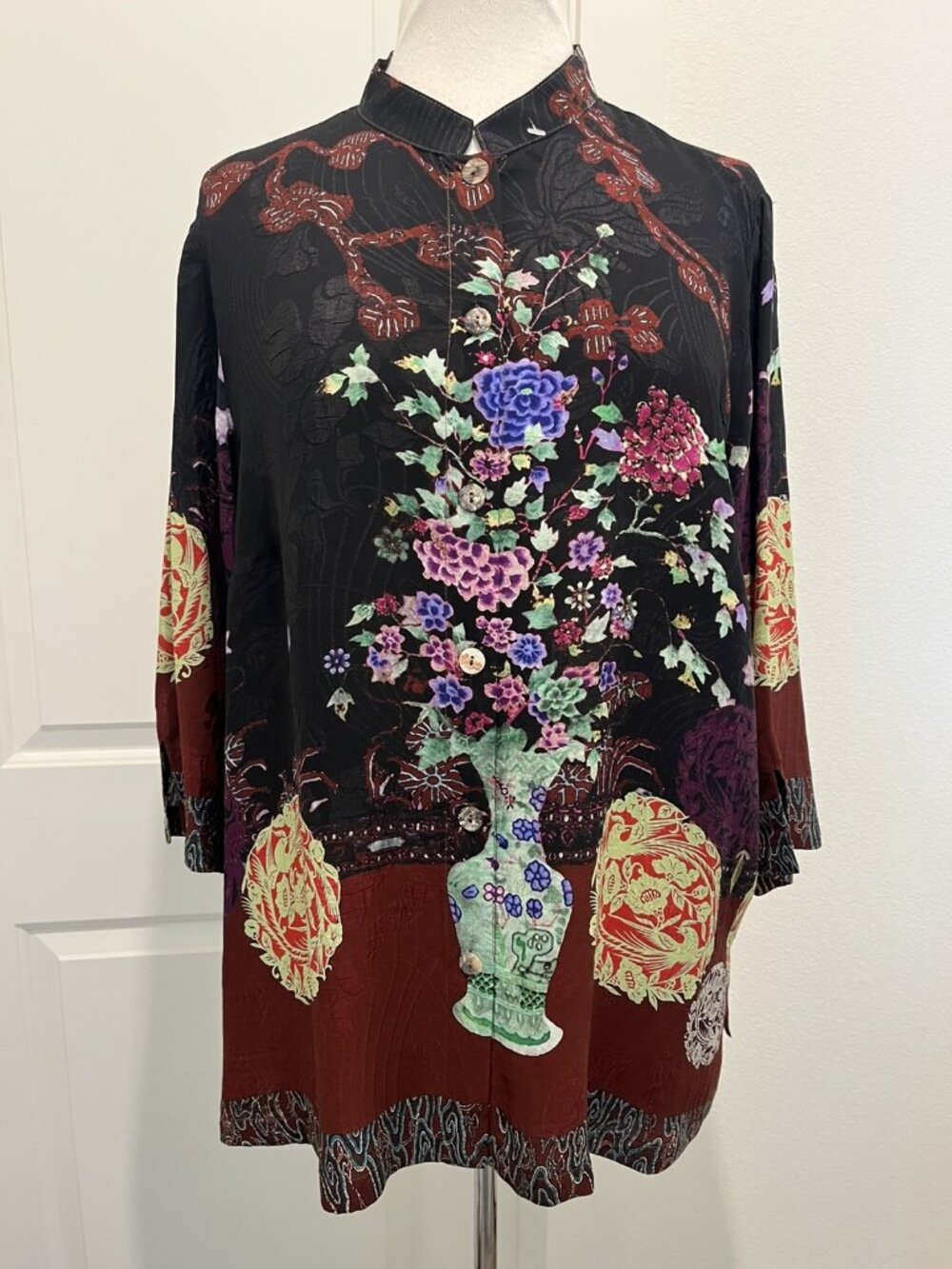 Citron Santa Monica 0X Silk Blend Blouse Chinoiserie Floral Mandarin Artsy Art - Picture 7 of 13